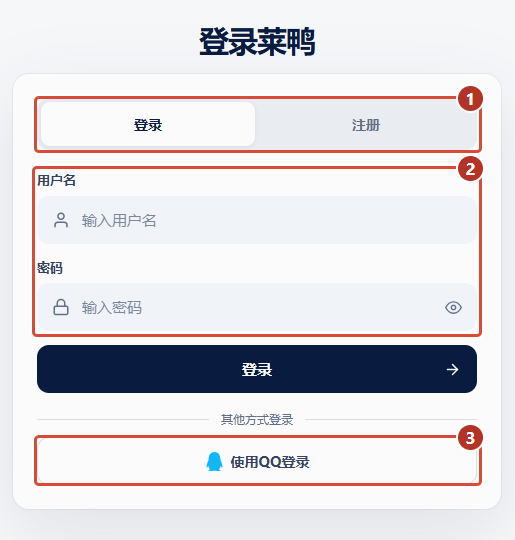 ① 登录或注册 ② 用户名与密码 ③ QQ 登录入口